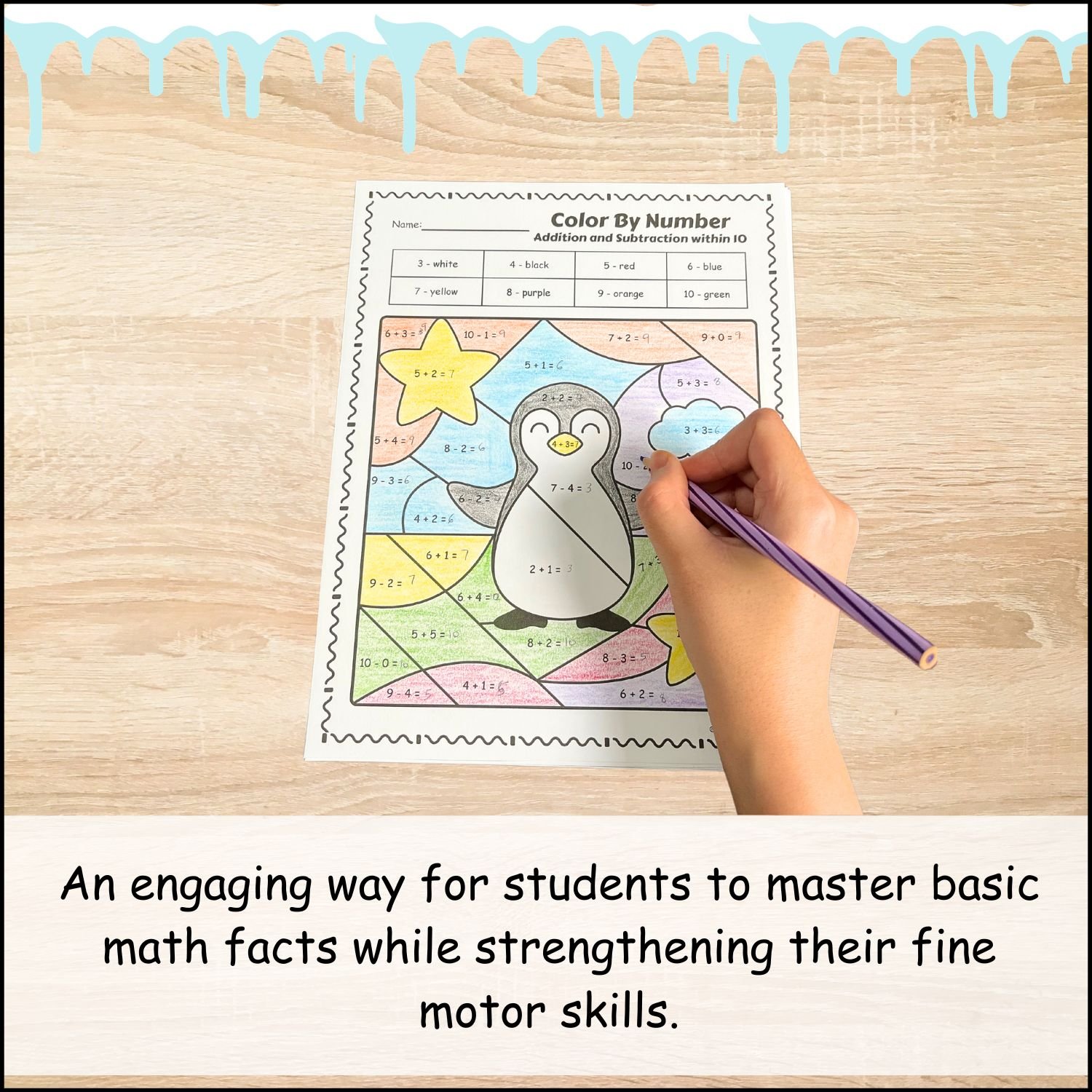 Winter Color By Number Addition and Subtraction within 10