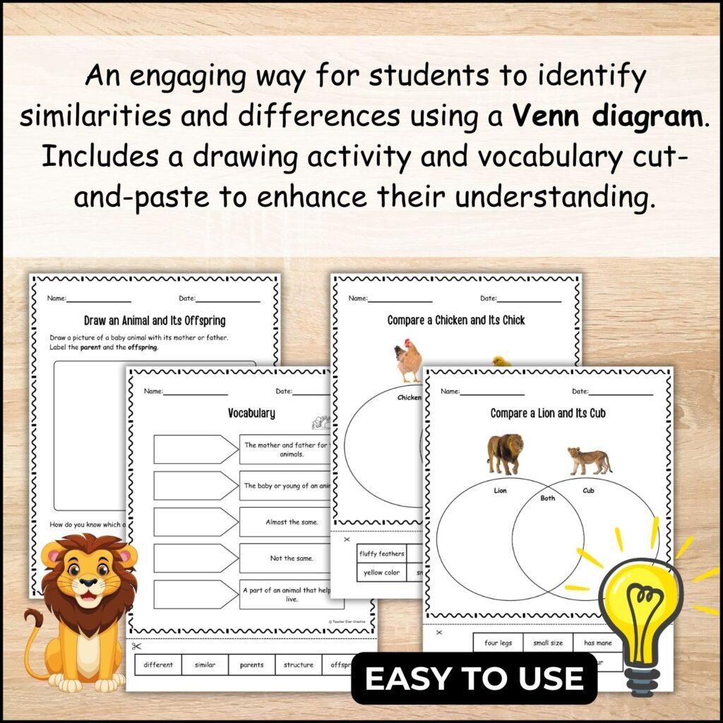 animals and their offspring, labelling , using venn diagram