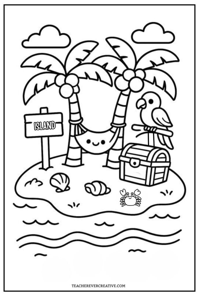 Summer island coloring page - kawaii summer- free printable