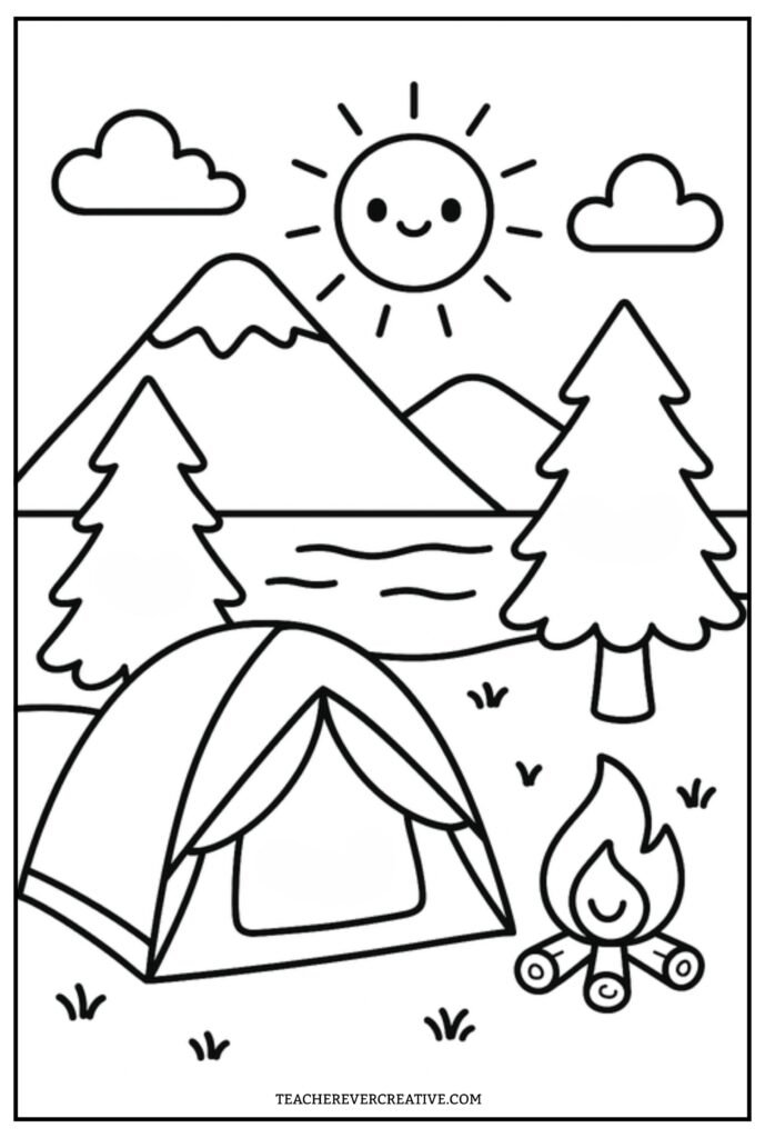 summer campsite coloring page free printable