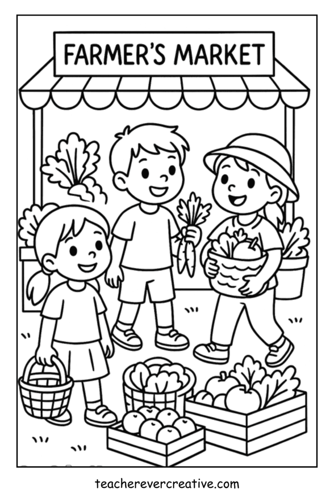 Fall coloring page free printable kids going to farmer's market