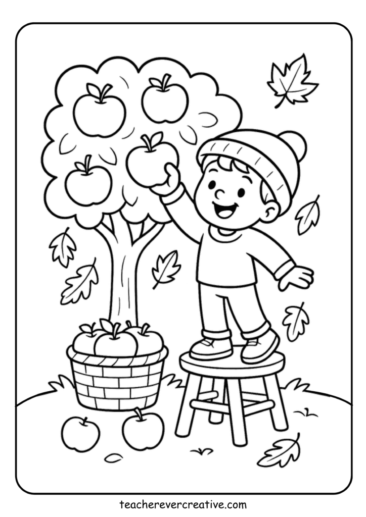 Kids picking apple fall coloring page