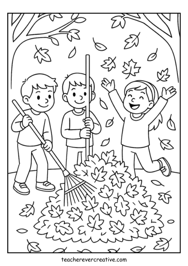 kids raking leaves coloring page for fall