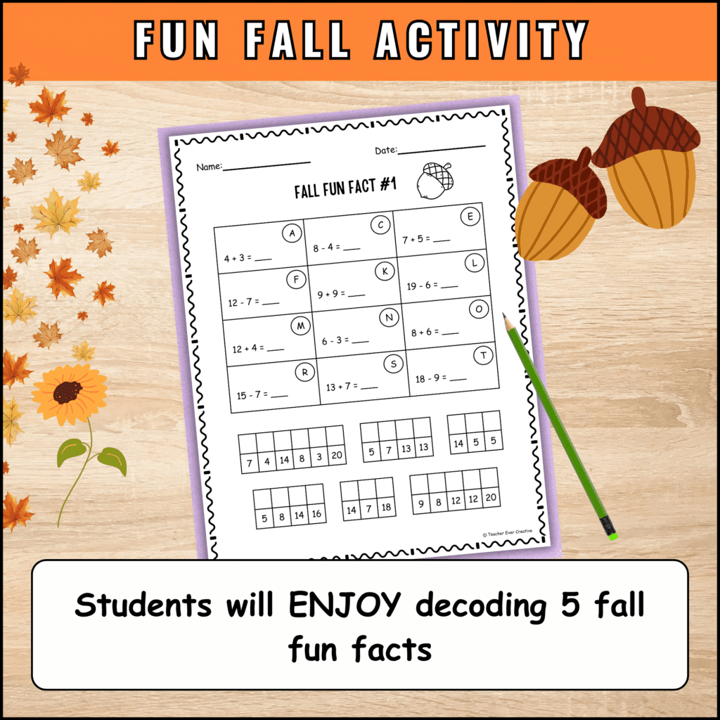 Fall Math Activity for First and Second grade Crack the Code