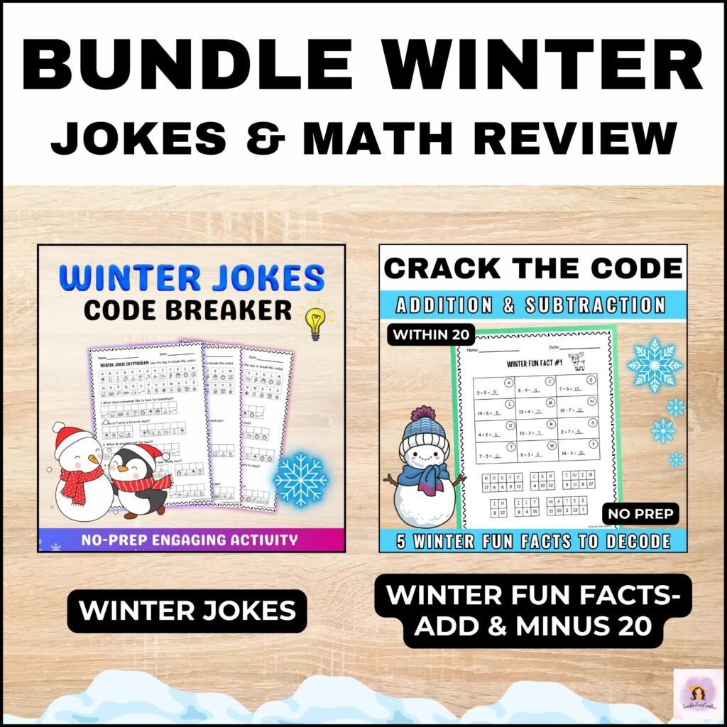 Bundle Winter Code Breaker : Winter Jokes and Math Review Add & Subtract within 20