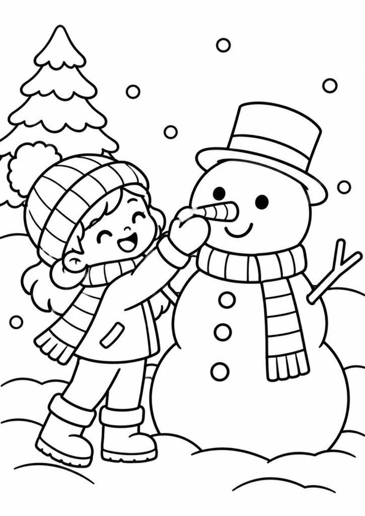 A girl building a snowman coloring picture