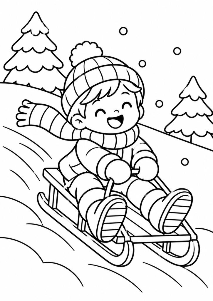 Winter coloring page a girl sledding