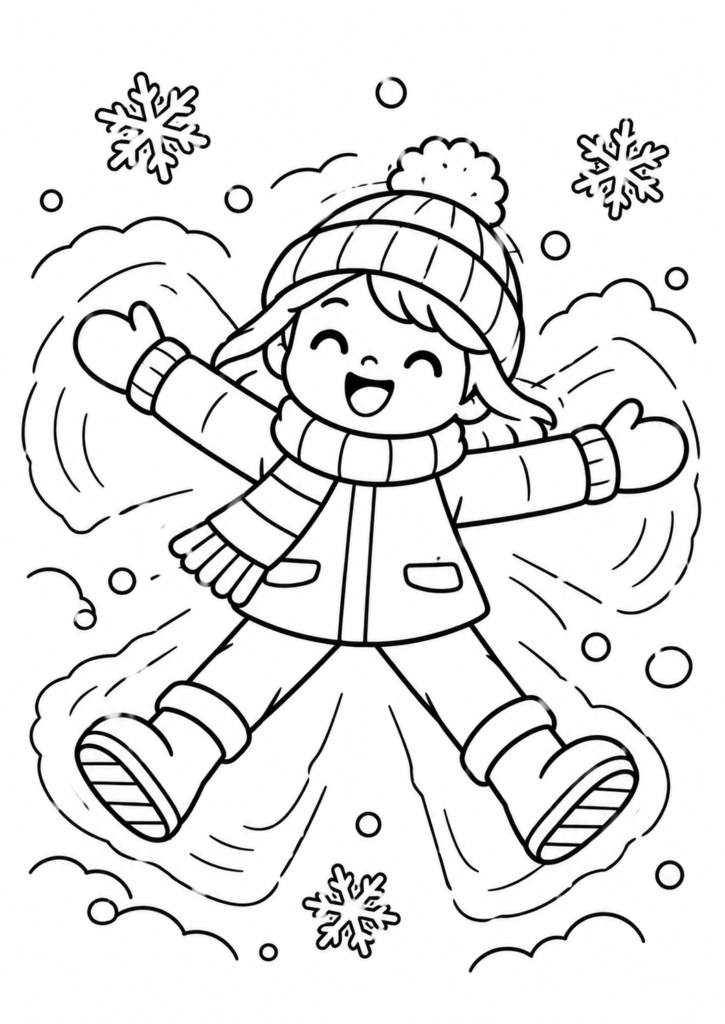 Winter Coloring Page for Grade 1 A girl making a snow angel
