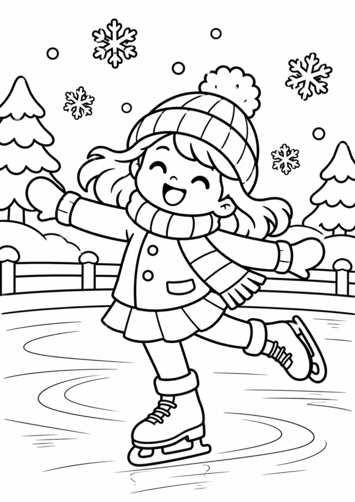 Winter Coloring Page for Grade 2 A girl Skating