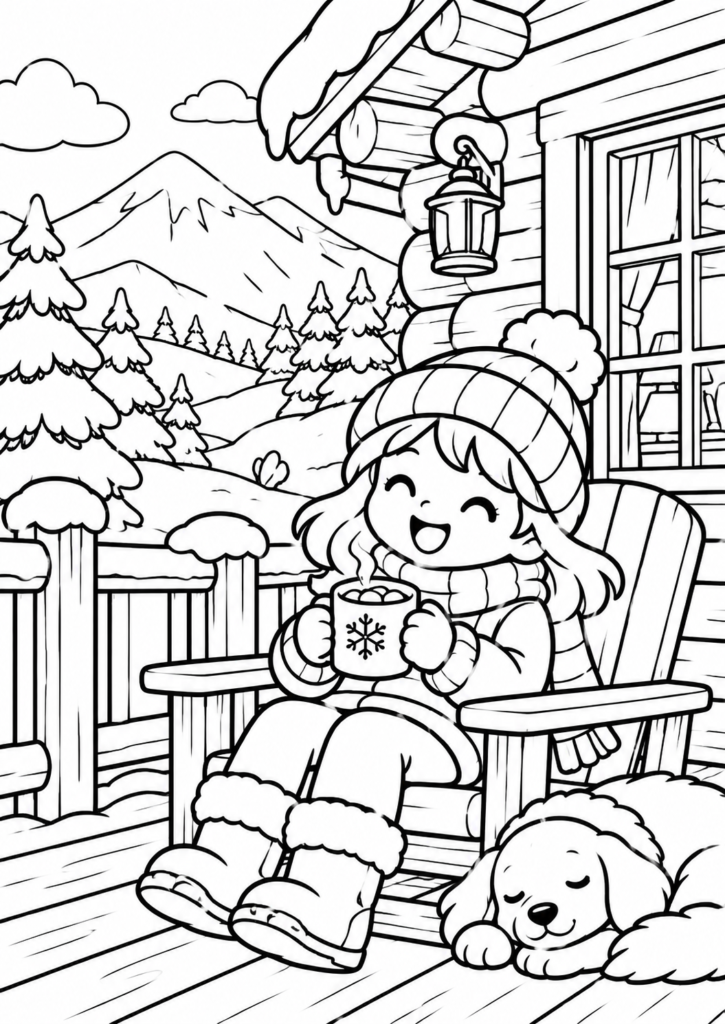 Free winter coloring page for kids drinking hot chocolate
