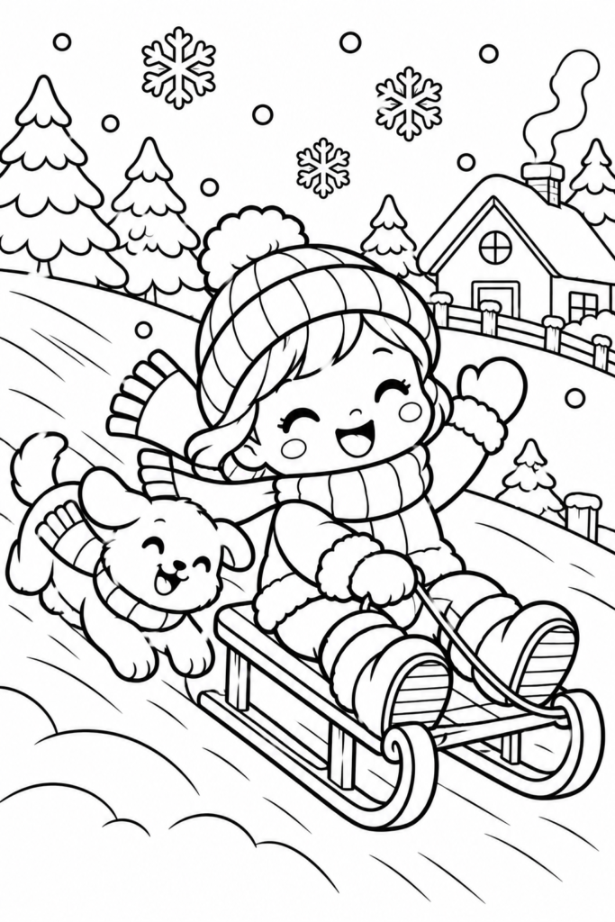 Kids Sledding in Winter Coloring Page – Free Printable