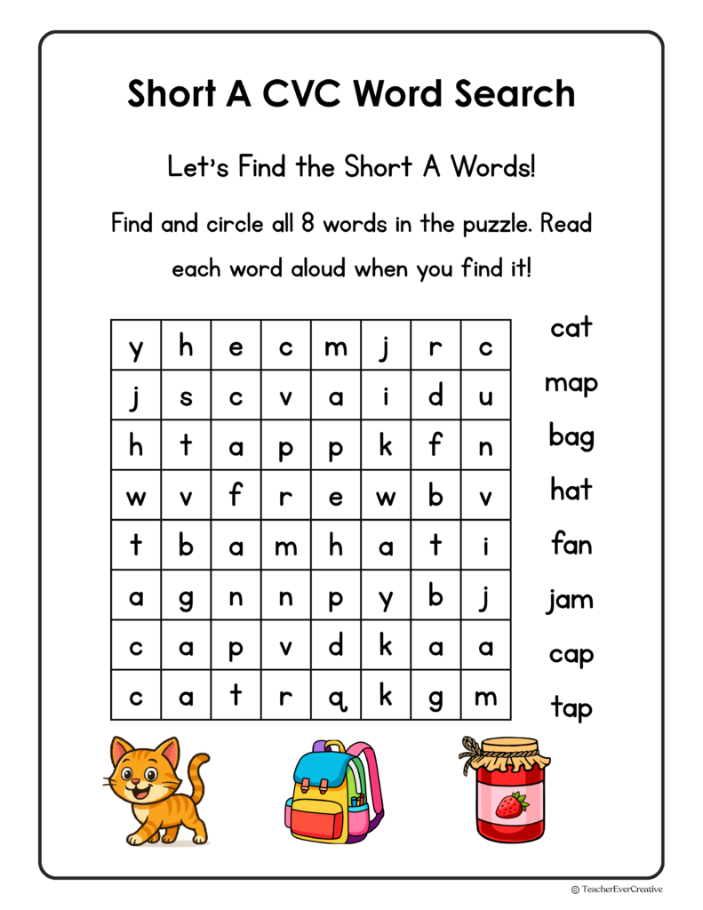 Free CVC word search Short A