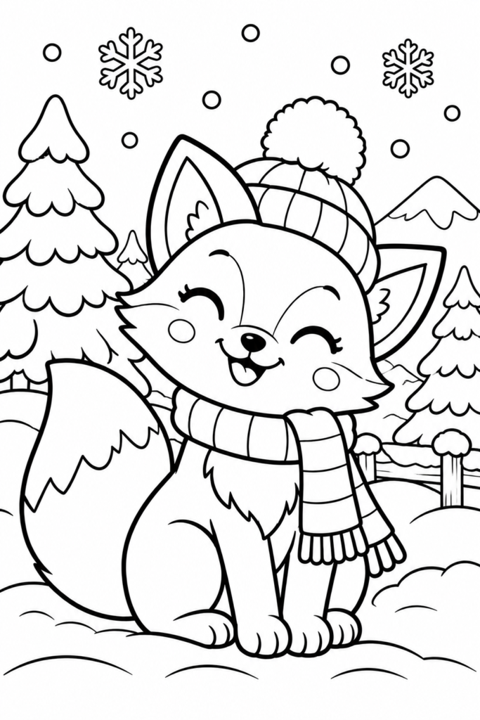 Cute Fox Winter Coloring Page for Kids – Free Printable