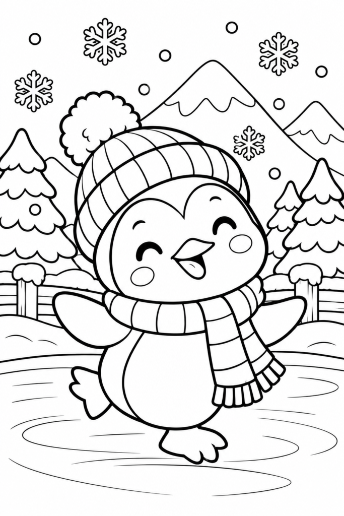 Penguin Ice Skating Coloring Page for Kids – Free Winter Printable